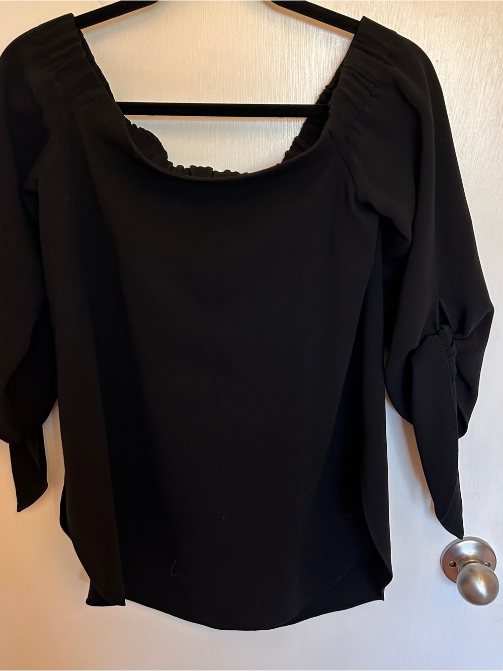 Club Monaco Black Square-Neck Blouse with Puff Sleeves